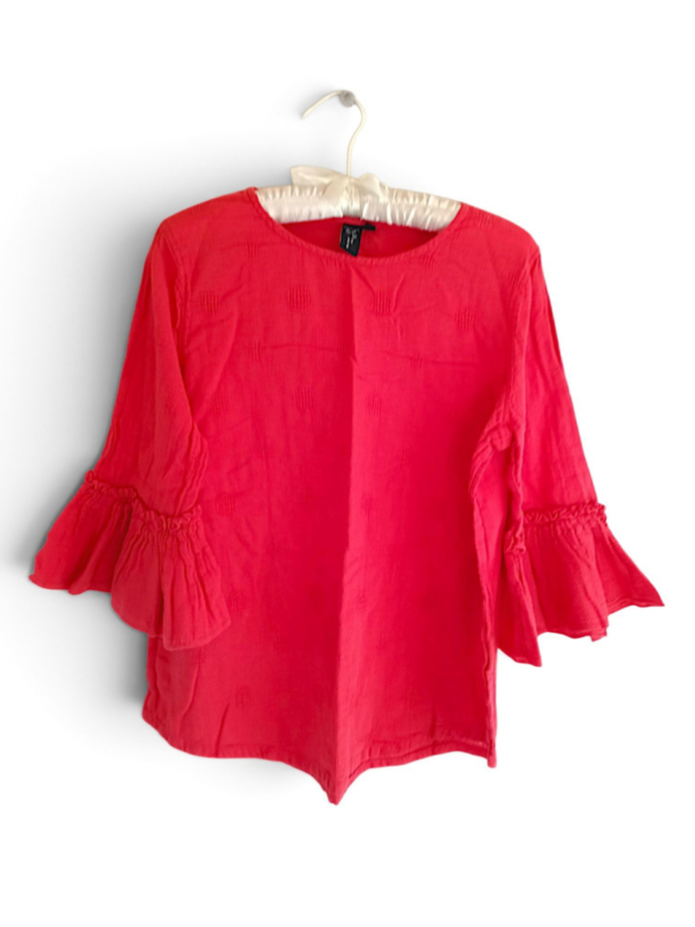 Red Blouse with Bell Sleeves textured 3/4 sleeves colorful boho western hippie